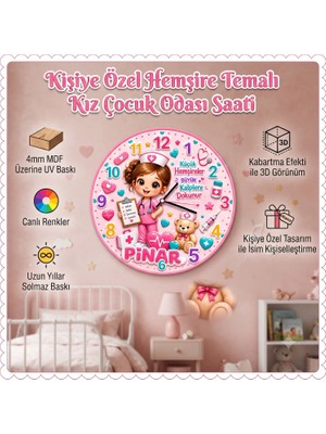 Kutup YıldızıTasarım Atölyesi Kişiye Özel Isimli Hemşire Temalı Kız Çocuk Duvar Saati - 30 cm - Dekoratif Çocuk Odası Hediyesi