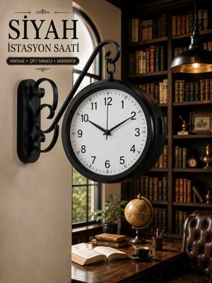Kolay Ev Siyah Çift Taraflı Istasyon Saati 36X25 cm Metal Duvar Saati Ofis Salon Kafe Dekoru