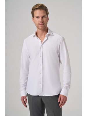 Morven  Erkek Beyaz Trend Düz Slim Fit Tam Italyan Yaka Relaxible Gömlek