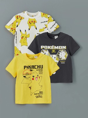 Lc Waikiki Yeni Sezon Bisiklet Yaka Pikachu Baskılı Erkek Çocuk Tişört 3'lü