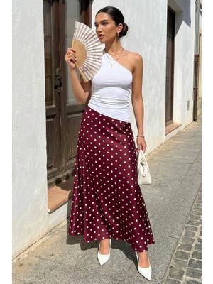 Madmext Bordo Puantiyeli Maxi Kadın Saten Etek MG2725
