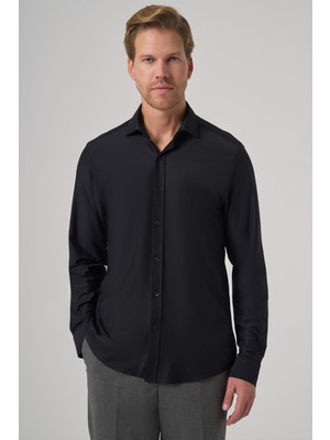 Morven  Erkek Siyah Trend Düz Slim Fit Tam Italyan Yaka Relaxible Gömlek