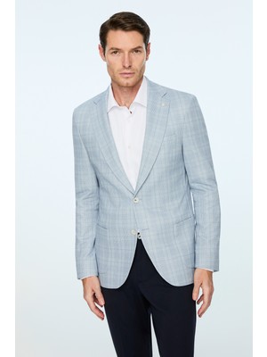 Morven  Erkek Mavi Polyester Trend Ekoseli Slim Fit Mono Yaka Ceket