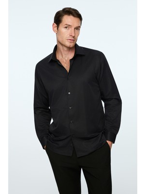 Morven  Erkek Siyah Düz Slim Fit Sert Yaka Gömlek