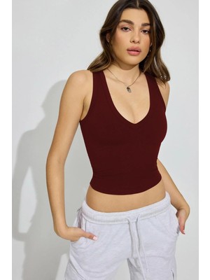 Madmext Koyu Bordo Derin V Yaka %100 Pamuklu Basic Kadın Atlet MG2405
