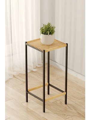 Bino 70 cm Modern Metal Ayaklı Çiçeklik - Ahşap Tablalı Orta Boy Saksı Standı