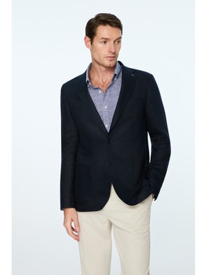 Morven  Erkek Lacivert Dokuma Trend Düz Slim Fit Mono Yaka Ceket