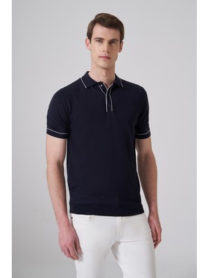 Morven  Erkek Lacivert Trend Polo Yaka Jakarlı Triko T-Shirt