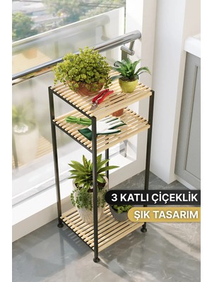 Bino 3 Katlı Paslanmaz Metal Ahşap Saksılık Bahçe Balkon Çiçeklik Organizer 90 cm Çiçeklik Standı