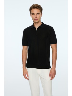 Morven  Erkek Siyah Trend Polo Yaka Rayon Triko T-Shirt