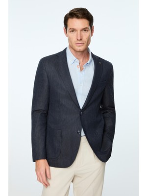 Morven  Erkek Lacivert Keten Trend Desenli Slim Fit Ceket