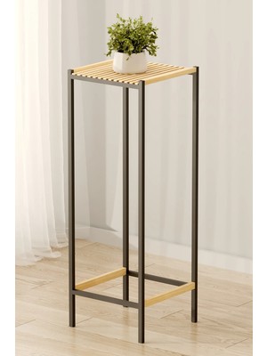 Bino 90 cm Modern Metal Ayaklı Çiçeklik - Ahşap Tablalı Büyük Boy Salon Saksı Standı Iskandinav