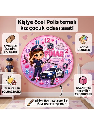 Kutup YıldızıTasarım Atölyesi Kişiye Özel Isimli Polis Temalı Kız Çocuk Duvar Saati - 30 cm - Dekoratif Çocuk Odası Hediyesi