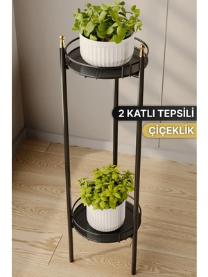 Bino 2 Katlı Siyah Saksılık Organizer Bahçe Balkon Standı Çiçeklik Dekoratif Lüks Metal Servis Tepsi