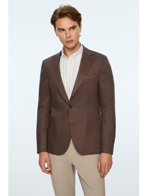 Morven  Erkek Kahve Dokuma Trend Düz Slim Fit Mono Yaka Ceket