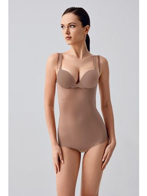 Cotonhause Kadın Lazer Kesim Askılı Göğsü Açık Cappuccino Slip Korse C0T4N2963