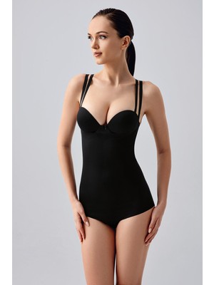 Cotonhause Kadın Lazer Kesim Askılı Göğsü Açık Siyah Slip Korse C0T4N2963