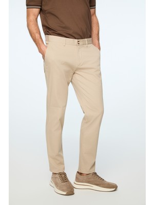 Morven  Erkek Bej Pamuk Trend Düz Slim Fit Chino Pantolon