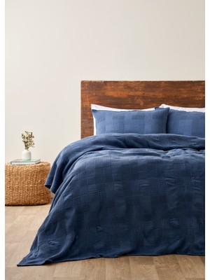 Bella Maison Block Pamuklu Jakarlı Çift Kişilik Yatak Örtüsü Lacivert (240X260 Cm)