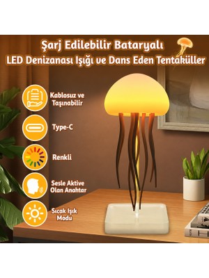 CoverZone Mood Light Rgb Denizanası Gece Lambası Usb-C Şarjlı Dahili Bataryalı Ses Aktif Modlu Renk Geçişli ve Sıcak Işık Modlu Dekoratif Ortam Lambası 12 LED 600MAH | L108