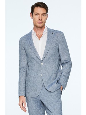 Morven  Erkek Lacivert Keten Trend Desenli Slim Fit Mono Yaka Ceket