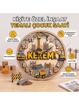 Kutup YıldızıTasarım Atölyesi Kişiye Özel Isimli Inşaat Temalı Erkek Çocuk Duvar Saati - 30 cm - Şantiye Dekoratif Hediye