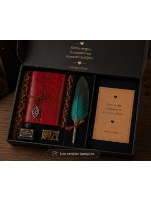 Retro Deri Defter Tüylü Kalem Divit Hokka Hediye Seti | Vintage Yazı Seti | Özel Kutulu Nostaljik Hediye