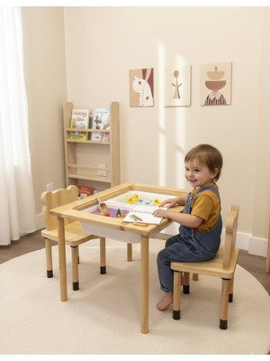 Lili Kids Lilikids Ahşap Aktivite Masası ve 2 Ayı Sandalye Seti Çift Taraflı Tahtalı Montessori EN71