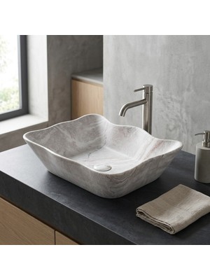 Lena EY-4810M Mermer Desenli Tezgah Üstü Lavabo