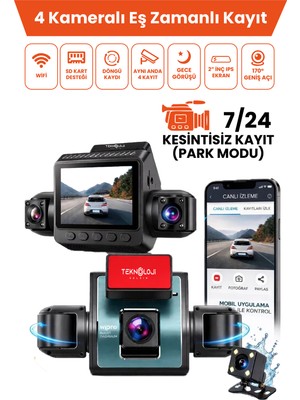 Teknoloji Gelsin 4 Kameralı Araç Içi Kamera LCD Ekranlı 360° 1080P Hd Gece Görüşü, G Sensor, Park, Döngü Kayıt Wdr, Uygulama Kontrol
