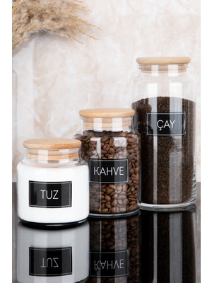 Dolkin Home 3'lü Ahşap Vakum Kapaklı Çay Kahve Tuz Etiketli 3 Boy Cam Kavanoz Seti 1300ML-800ML-500ML