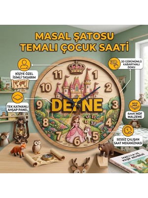 Kutup YıldızıTasarım Atölyesi Kişiye Özel Isimli Masal Şatosu Temalı Ahşap Görünümlü Duvar Saati - 30 cm - Dekoratif Çocuk Odası Hediyesi