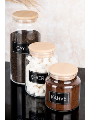 Dolkin Home 3'lü Ahşap Vakum Kapaklı Çay Şeker Kahve Etiketli 3 Boy Cam Kavanoz Seti 1300ML-800ML-500ML