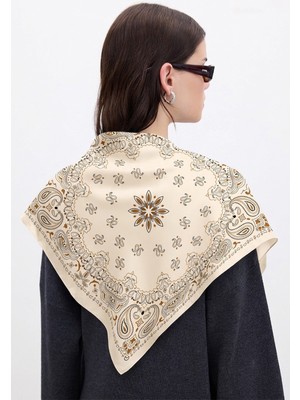 Hawwa Krem Paisley Desenli Saten Fular