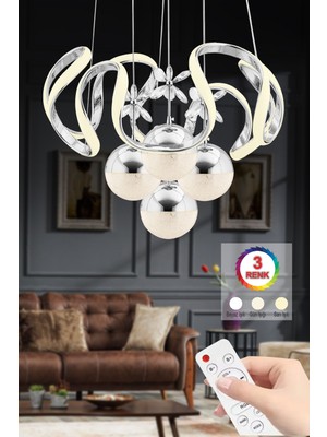 Empressco Mina Kumandalı Gümüş LED Avize, Üç Renkli, Şık ve Modern Tasarım