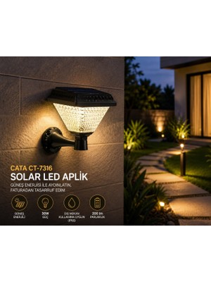 Cata CT-7316 Solar LED Bahçe Apliği 30W 200 Lm Dış Mekan Duvar Lambası