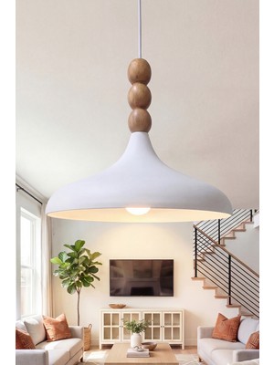 Empressco Bohem Ahşap 3 Boncuklu Beyaz Metal Sarkıt, 35 Cm, Şık ve Modern Aydınlatma