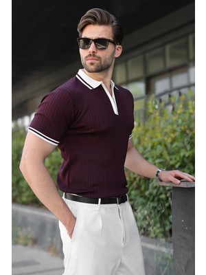 Madmext Mürdüm Yarım Fermuarlı Polo Yaka Triko Erkek Tişört E7501