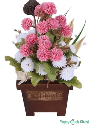 Yapay Çiçek Sitesi Ahşap Garden Saksıda Yapay Top Krizantem Tanzimi 32 cm