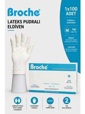 Broche Lateks Pudralı Muayene Eldiveni M Beden 100 Adet