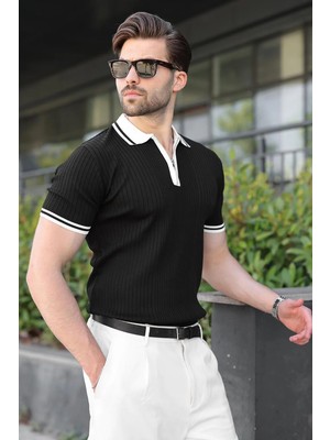 Madmext Siyah Yarım Fermuarlı Polo Yaka Triko Erkek Tişört E7501