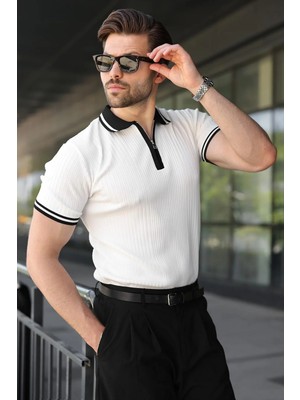 Madmext Beyaz Yarım Fermuarlı Polo Yaka Triko Erkek Tişört E7501