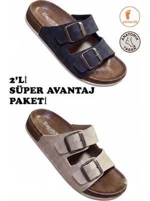 Albishoes Kadın 2'li Süper Avantaj Paketi Çift Tokalı Anatomik Rahat Taban Şık Kadın Terlik