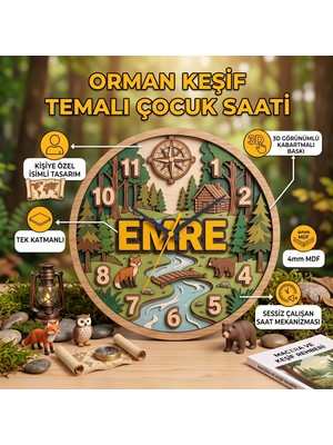 Kutup YıldızıTasarım Atölyesi Kişiye Özel Isimli Orman Keşif Temalı Ahşap Görünümlü Duvar Saati - 30 cm - Dekoratif Çocuk Odası Hediyesi