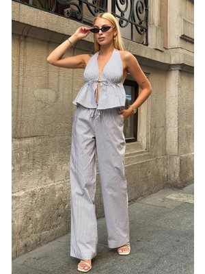 Zechka Çizgili Halter Yaka Bağlamalı Peplum Crop Bluz  - Siyah/beyaz Siyah/beyaz - M