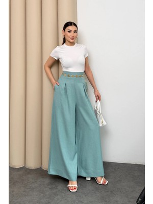 Hatun Atila A Pileli Arka Beli Lastikli Geniş Paça Filamlı Keten Palazzo Pantolon 9064 - Su Yeşili
