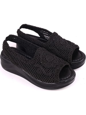 Walkenzo 4708 Kadın 5 cm Dolgu Topuklu Örgü Sandalet