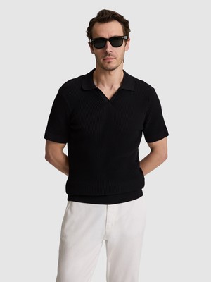 Cacharel Erkek Siyah Slim Fit %100 Pamuk Apaş Yaka Triko T-Shirt 50320580-VR046