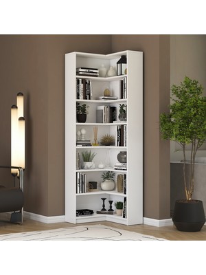 Rani HC129 Kitaplık 6 Raflı Çalışma Odası Kütüphane Modern Duvar Rafı Beyaz