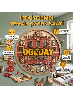 Kutup YıldızıTasarım Atölyesi Kişiye Özel Isimli Itfaiye Temalı Ahşap Görünümlü Duvar Saati - 30 cm - Dekoratif Çocuk Odası Hediyesi